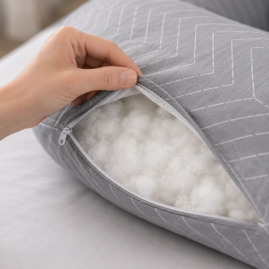Cerniera aperta che lascia vedere l’imbottitura in fibre bianche e gonfie