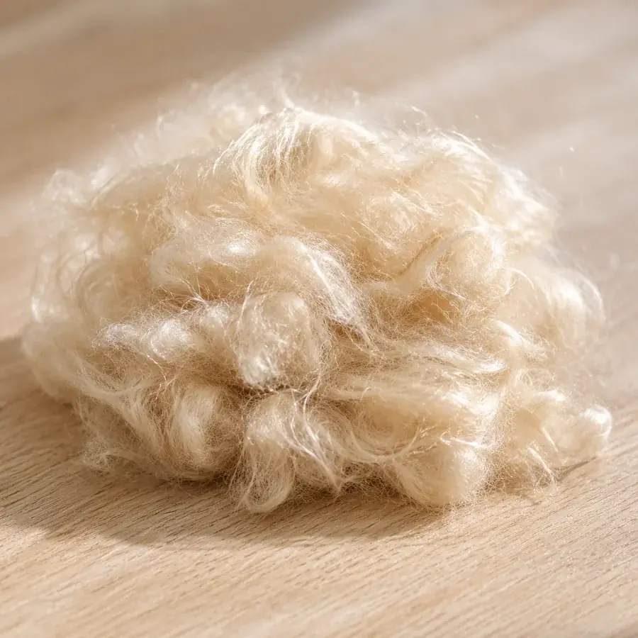 Piccolo mucchio di fibra di kapok beige chiaro, setosa, posato su un piano di legno