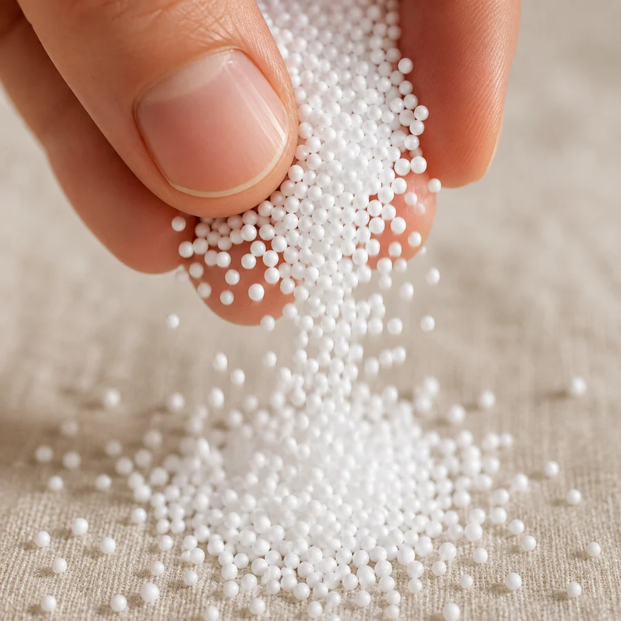 Microsfere di polistirolo che scorrono tra due dita, ogni pallina distinta