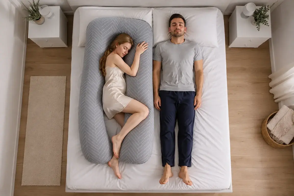 Letto matrimoniale visto dall’alto: una donna dorme su un fianco dentro il cuscino a U grigio, il compagno è disteso sull’altra metà