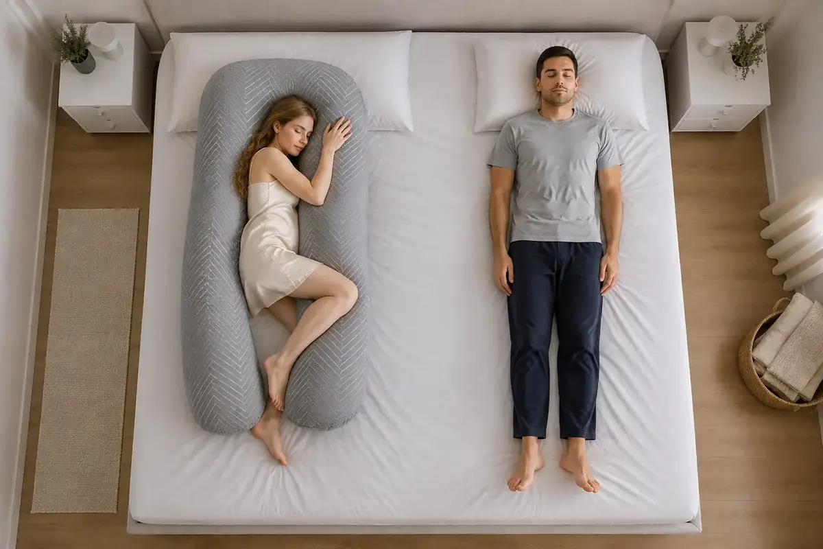 Stesso inquadratura su un letto da 160 cm: lo spazio che resta tra il cuscino e chi dorme è visibilmente più comodo