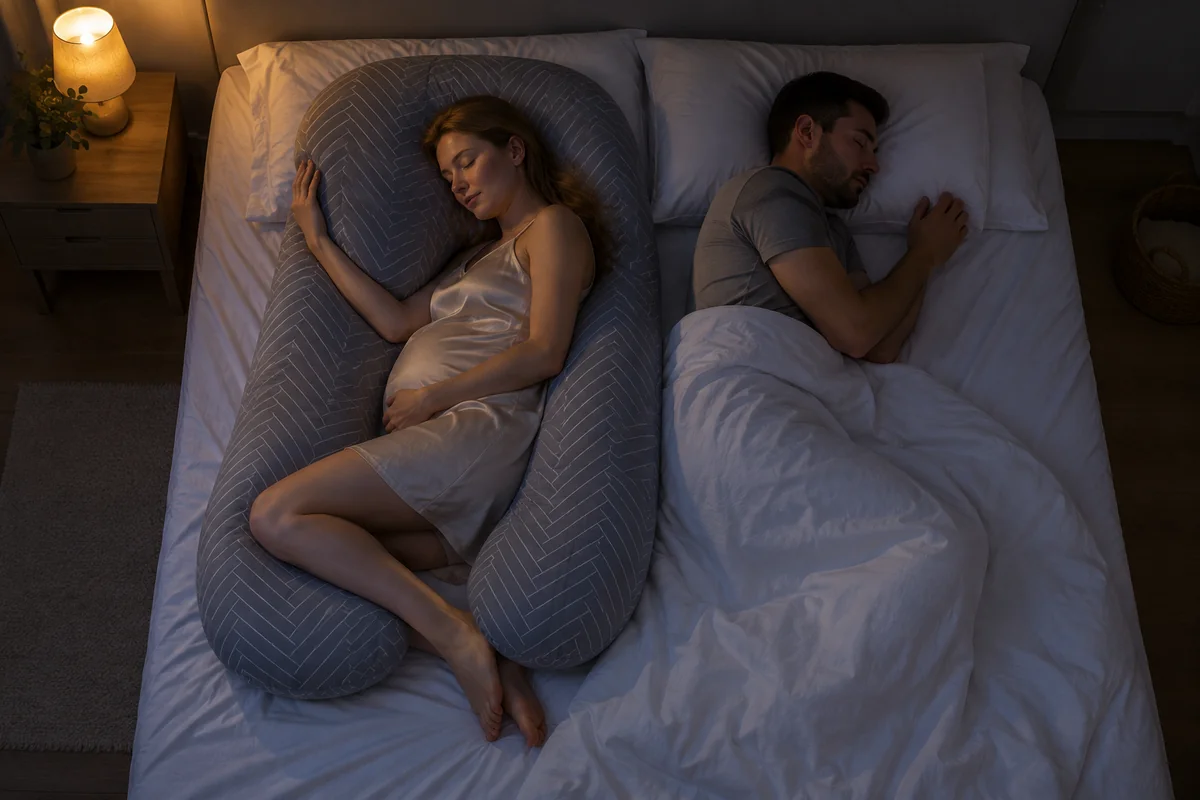 Coppia addormentata di notte, la donna sistemata dentro il cuscino a U, l’uomo tranquillo accanto a lei