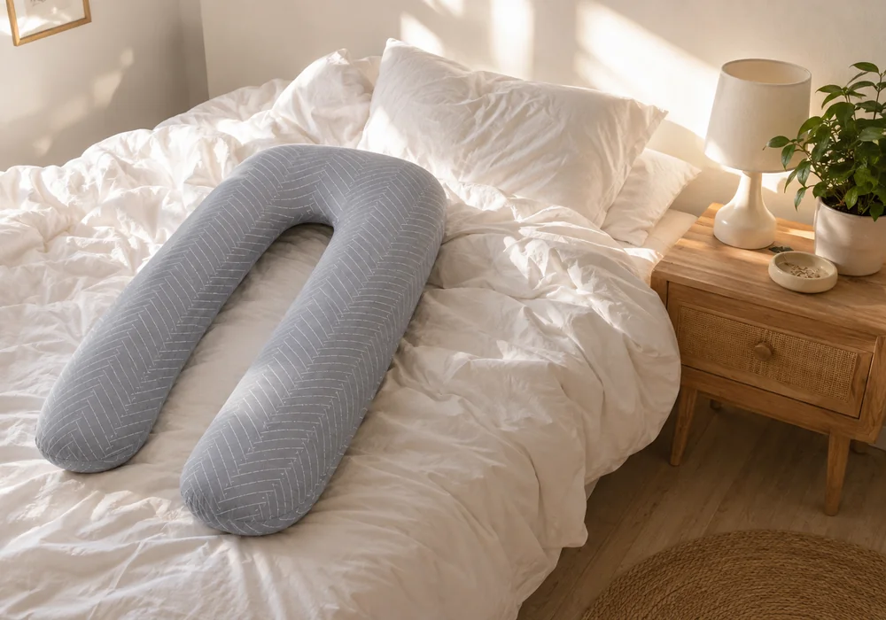 Cuscino gravidanza a U grigio spigato appoggiato su un letto disfatto, in una camera luminosa con pianta verde e lampada da comodino