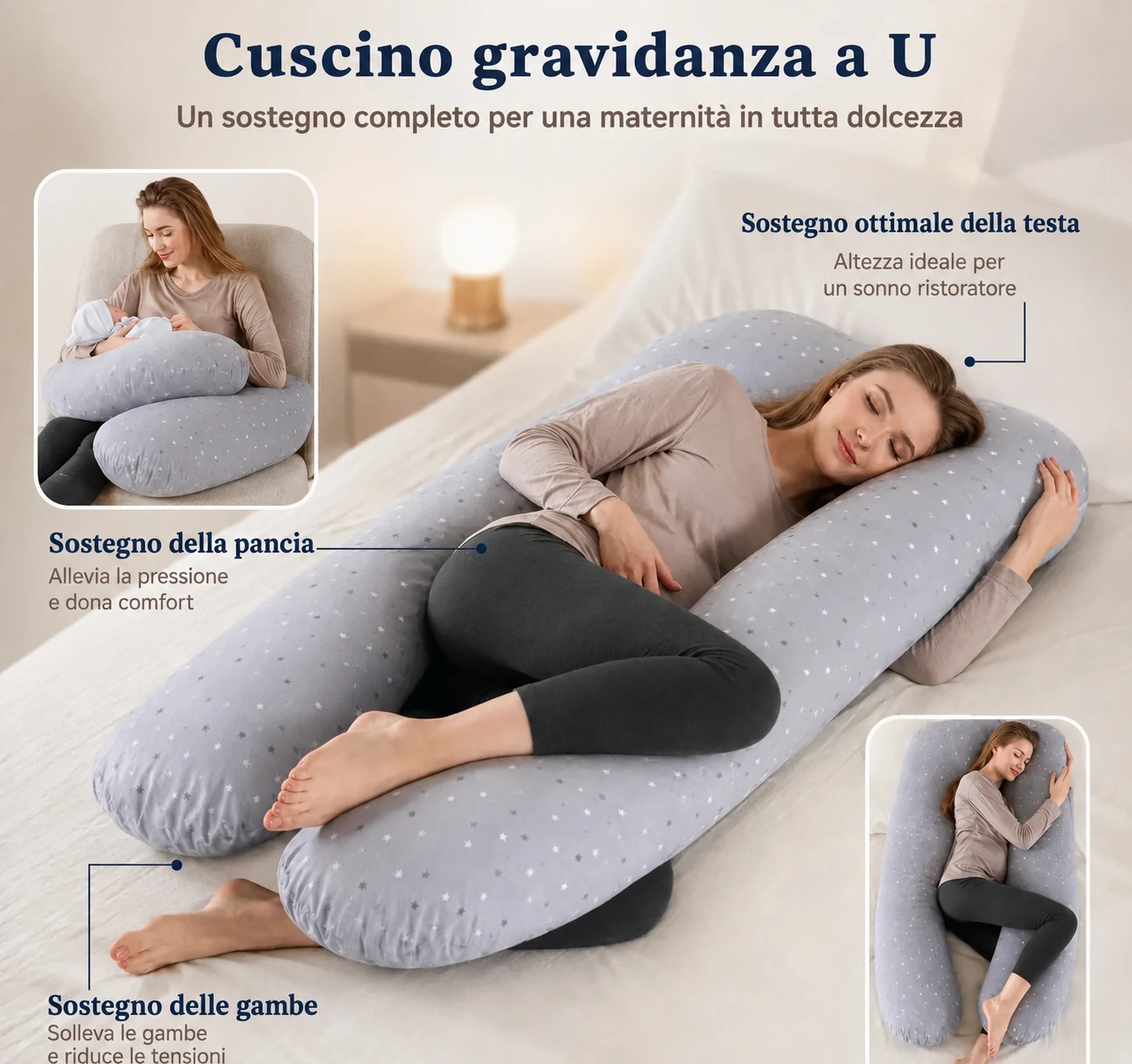 Tavola descrittiva: il sostegno di testa, pancia e gambe su una donna distesa