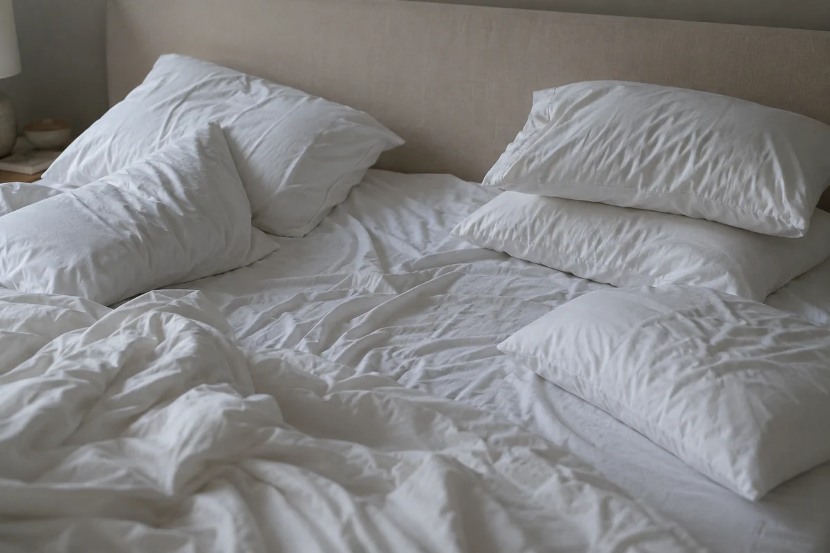 Letto disfatto di primo mattino, diversi cuscini normali ceduti attorno a un incavo vuoto